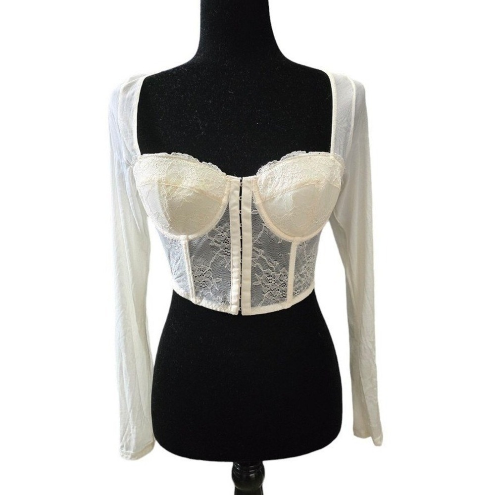 Sincerely Jules Womens Cream Ivory Sheer Lace Corset Crop Top Long Sleeve Size L